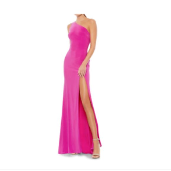 MAC DUGGAL ONE SHOULDER JERSEY SHEATH THIGH SLIT CANDY PINK GOWN sz 4 - Picture 1 of 3